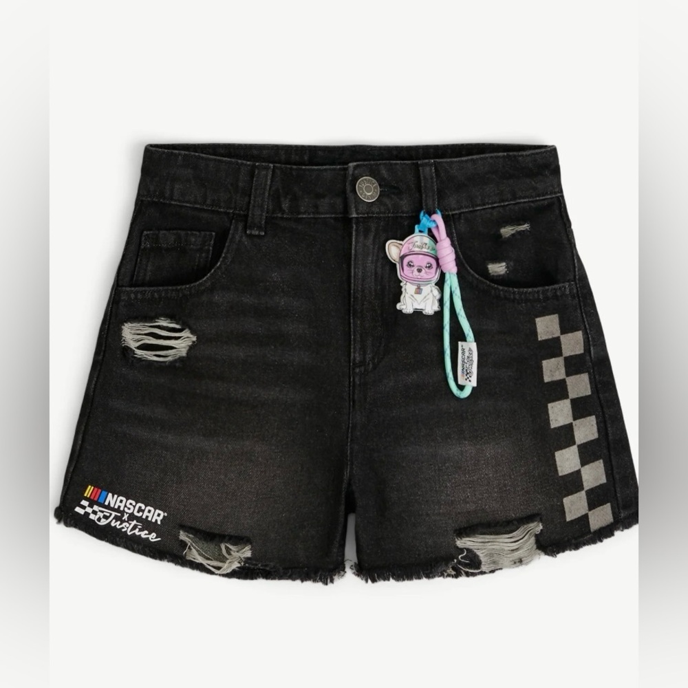 Justice‎ x NASCAR Girls Black Denim Shorts Size 6 NWT Keychain Included